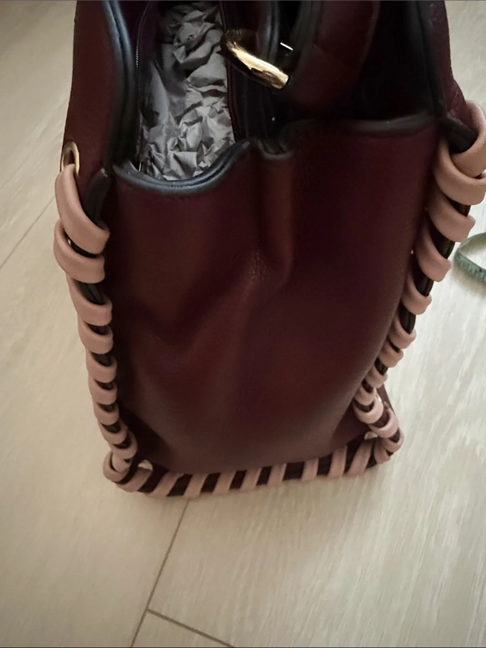Melie Bianco Burgundy Satchel with Pink Braided Trim